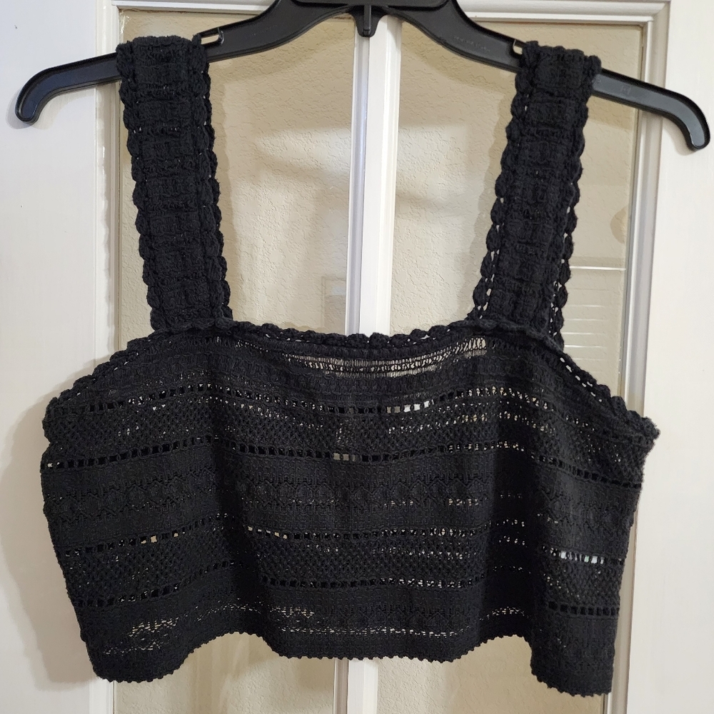 NWT Aerie Black Crochet Crop Top Boho Knit Tank Large Festival Beach